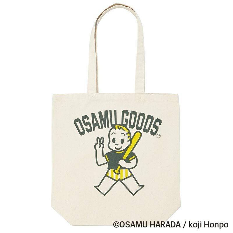 キャラクターイラストバッジ付きホワイトバッグ OSAMU GOODS トートバッグM/ベースボールジャック |イラストレーター