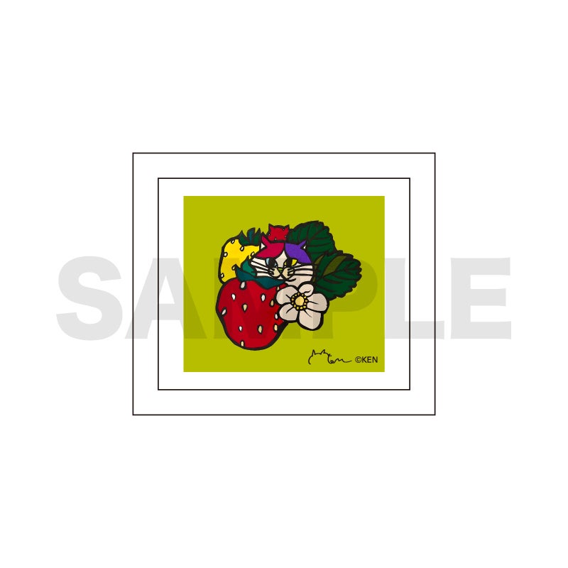 手描きアート作品 にっこりくん 切り絵クリエイター KEN 額縁マグネット／いちごネコ | 切り絵